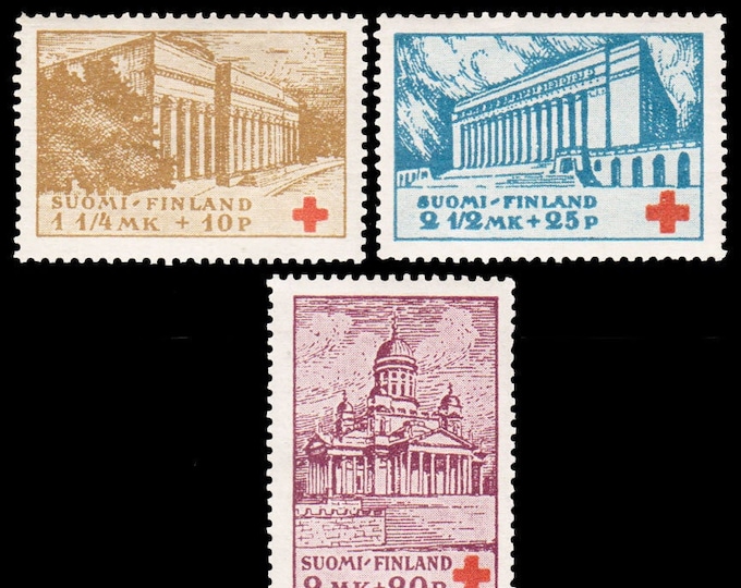 Red Cross Set of Three Finland Postage Stamps Issued 1932