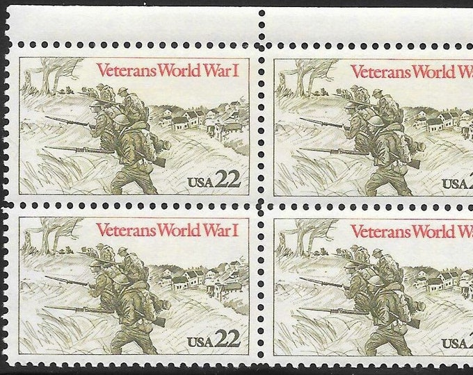 World War I Veterans Plate Block of Four 22-Cent United States Postage Stamps Issued 1985