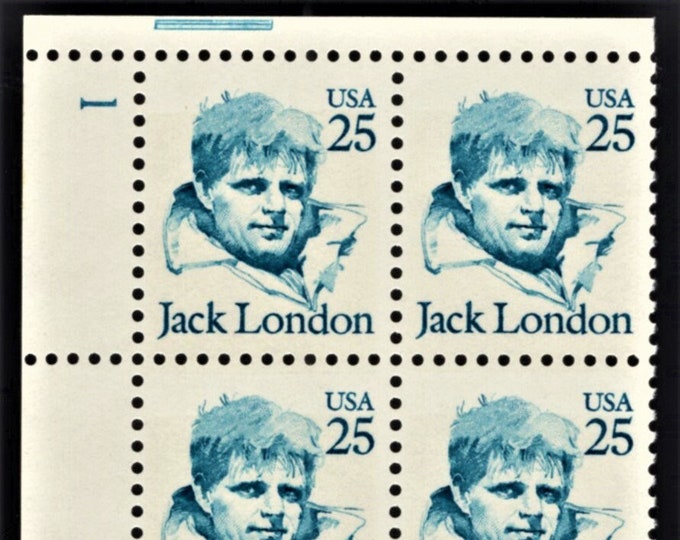 1986 Jack London Plate Block of Four 25-Cent United States Postage Stamps