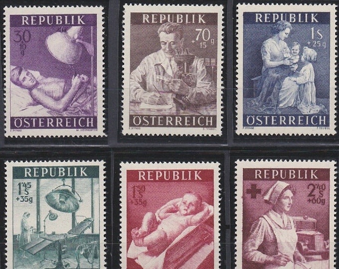 Health Care Set of Six Austria Postage Stamps Issued 1954