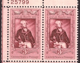 1957 Marquis de Lafayette Plate Block of Four 3-Cent USA Postage Stamps Mint Never Hinged