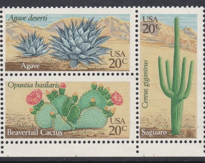 1981 Desert Plants Plate Block of Four 20-Cent US Postage Stamps