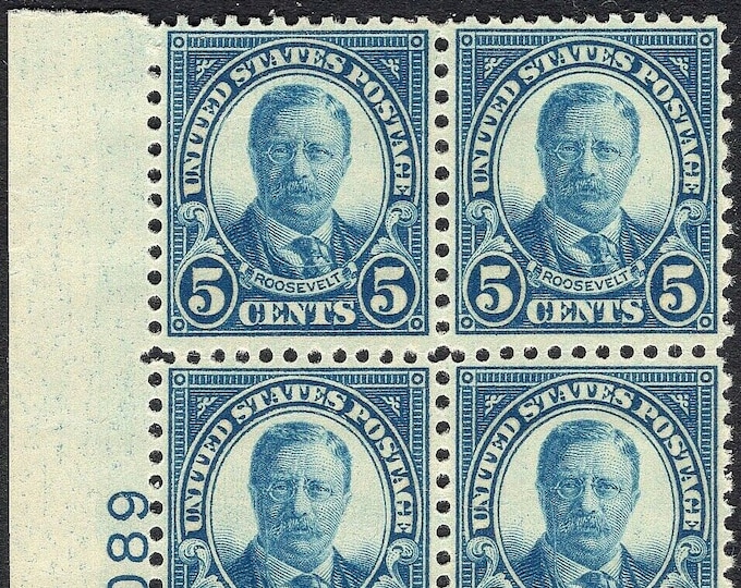 1927 Theodore Roosevelt Plate Block of Four 5-Cent US Postage Stamps Mint Never Hinged