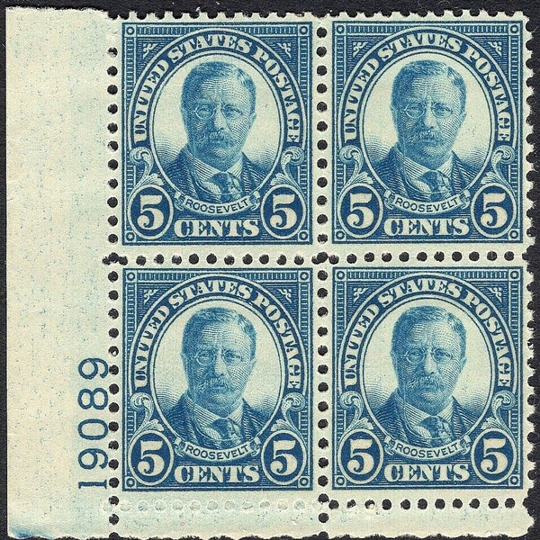 1927 Theodore Roosevelt Plate Block of Four 5-Cent US Postage Stamps Mint Never Hinged