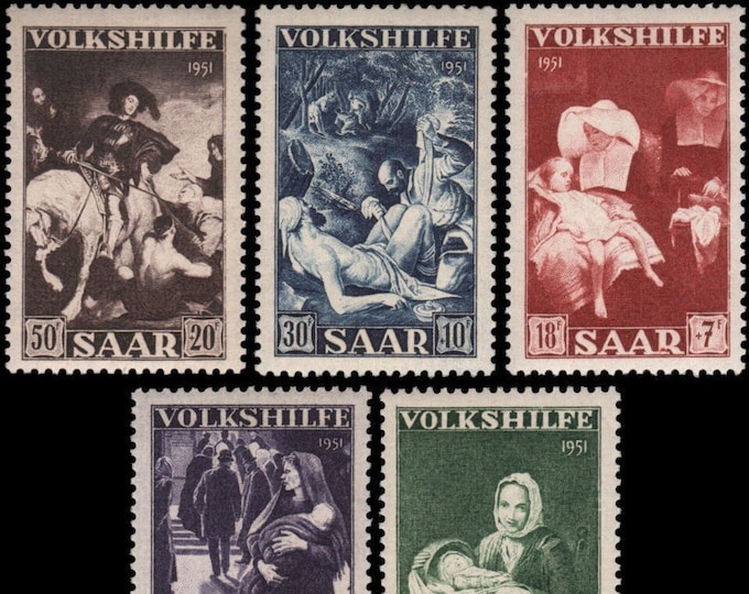 Paintings Set of Five Saar Postage Stamps Issued 1951