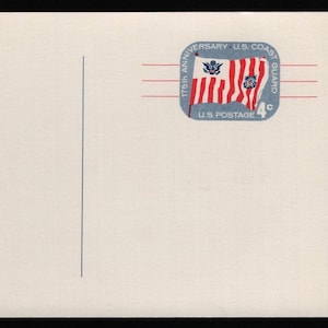 May include: A vintage postcard with a cream-colored background and a black border. The upper right corner features a blue stamp commemorating the 175th Anniversary of the U.S. Coast Guard, with a flag design and the words "U.S. Postage 4¢".