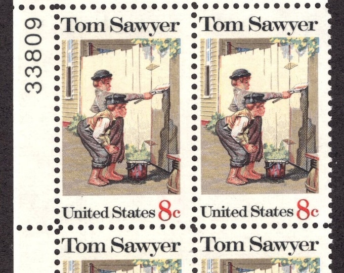 1972 Tom Sawyer Plate Block of Four 8-Cent United States Postage Stamps