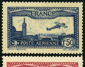 France 1930 Airplane Over Marseille Cathedral Set of Two Airmail Stamps Mint Never Hinged