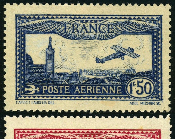 Airplane Over Marseille Cathedral Set of Two France Air Mail Postage Stamps Issued 1930