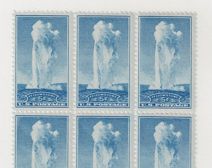 Yellowstone National Park Plate Block of Six 5-Cent United States Postage Stamps Issued 1934