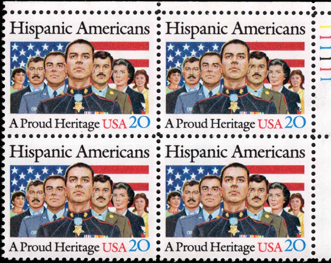 Hispanic Americans Plate Block of Four 20-Cent United States Postage Stamps Issued 1984