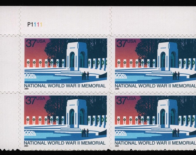 National World War II Memorial Plate Block of Four 37-Cent United States Postage Stamps Issued 2004