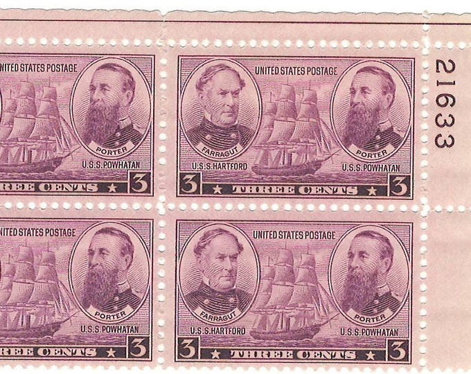 Farragut and Porter Plate Block of Four 3-Cent United States Postage Stamps Issued 1937