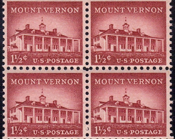 1956 1-1/2c Mount Vernon Block of 4 US Postage Stamps Mint Never Hinged