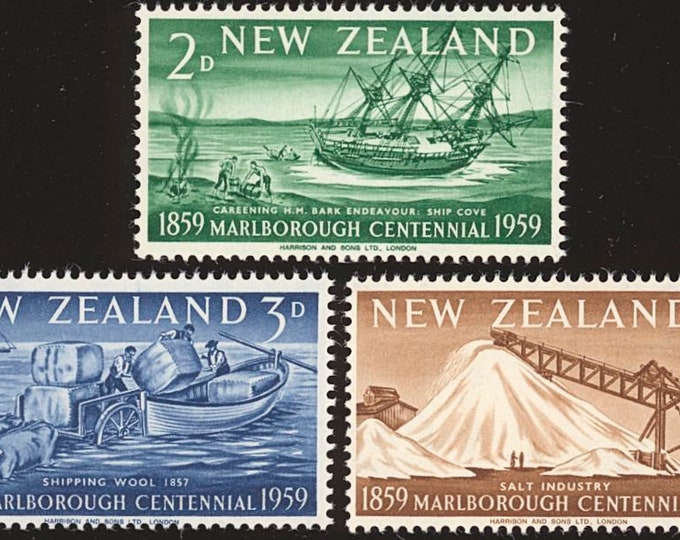 Marlborough Centennial Set of Three New Zealand Postage Stamps Issued 1959