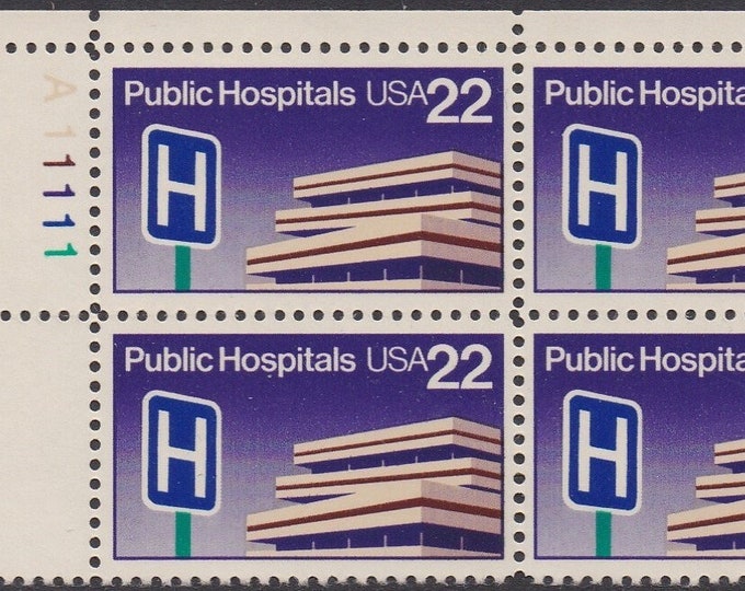 1986 Public Hospitals Plate Block of Four 22-Cent United States Postage Stamps