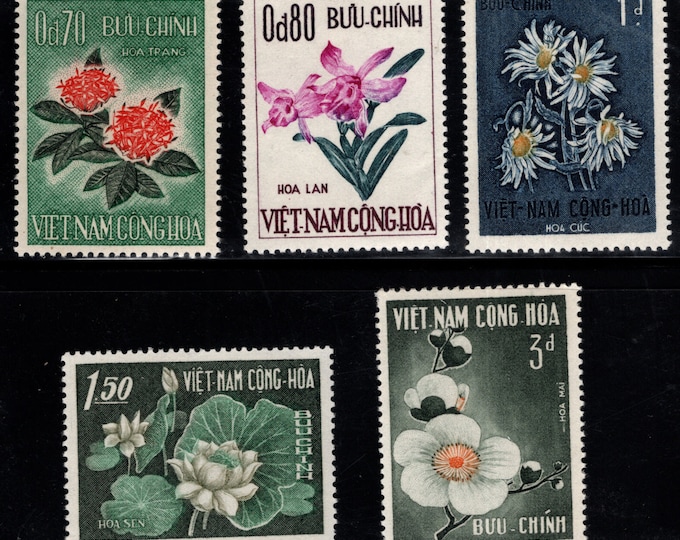 Flowers Set of Five Vietnam Postage Stamps Issued 1965