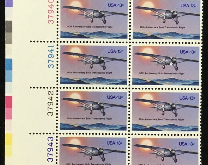 1977 Lindbergh Flight Plate Block of Twelve 13-Cent US Postage Stamps Mint Never Hinged