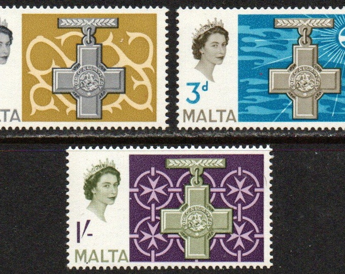 1961 Commemoration of the George Cross to Malta Set of Three Postage Stamps Depicting Queen Elizabeth II