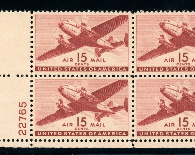 Twin-Motored Transport Plane Plate Block of Four 15-Cent United States Air Mail Postage Stamps Issued 1941