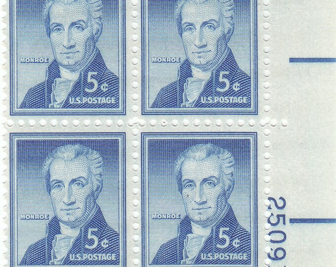 1954 Liberty Series James Monroe Plate Block of Four 5-Cent US Postage Stamps Mint Never Hinged
