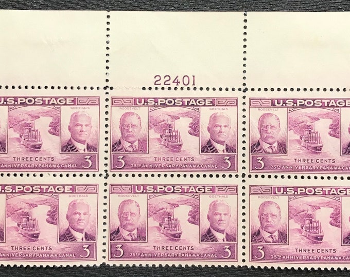 Panama Canal Plate Block of Six 3-Cent United States Postage Stamps Issued 1939