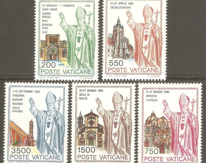 Pope John Paul II Set of Five Vatican City Postage Stamps Issued 1991