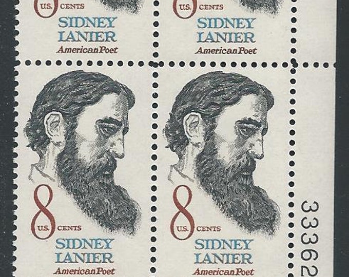 Sidney Lanier Plate Block of Four 8-Cent United States Postage Stamps Issued 1972