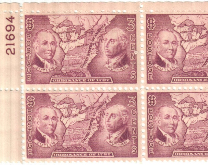 Northwest Ordinance Plate Block of Four 3-Cent United States Postage Stamps Issued 1937