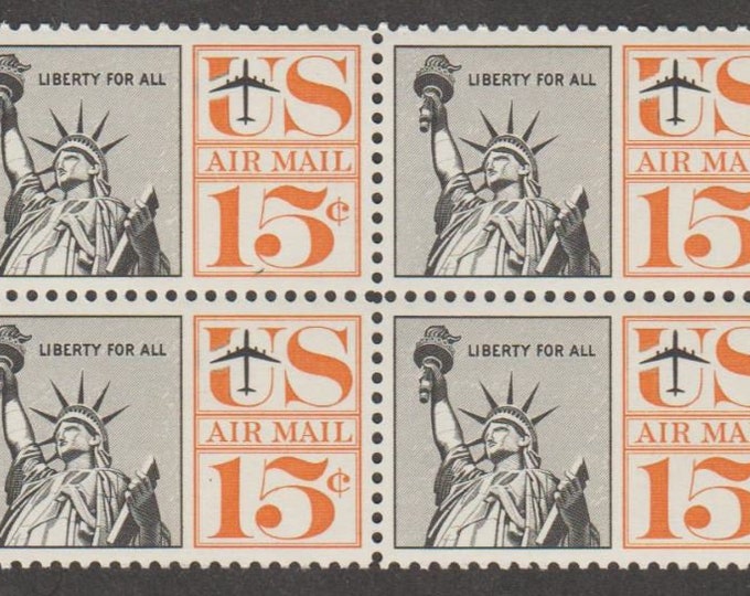 1961 Statue of Liberty Block of Four 15-Cent US Air Mail Postage Stamps Mint Never Hinged