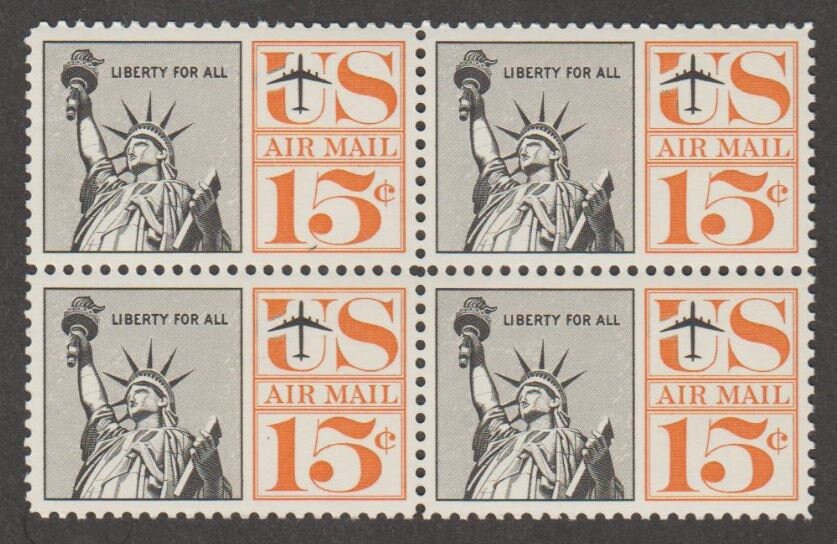 1961 Statue of Liberty Block of Four 15-Cent US Air Mail Postage Stamps  Mint Never Hinged