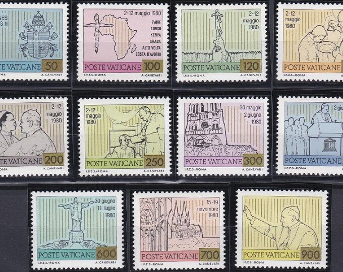 Travels of John Paul II Set of Eleven Vatican City Postage Stamps Issued 1981