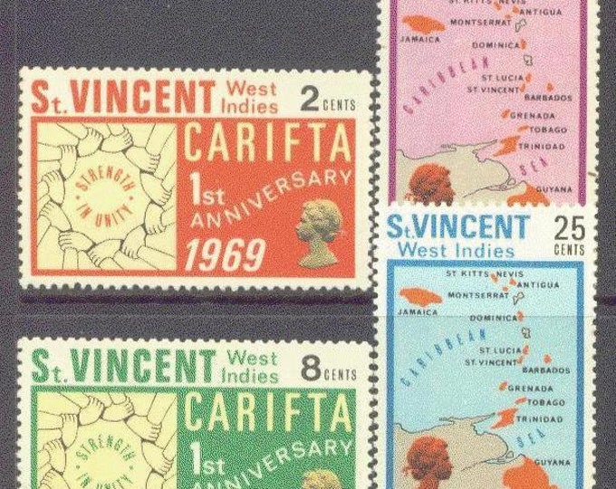 1969 CARIFTA First Anniversary Set of 4 St Vincent Postage Stamps Mint Never Hinged