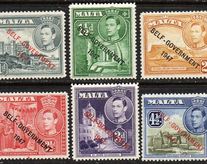 Self Government Set of Six Malta Overprint Postage Stamps Issued 1953