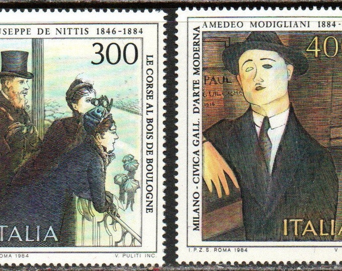 1984 Italian Art Set of 2 Italy Postage Stamps Giuseppe de Nittis Amedeo Modigliani Mint Never Hinged