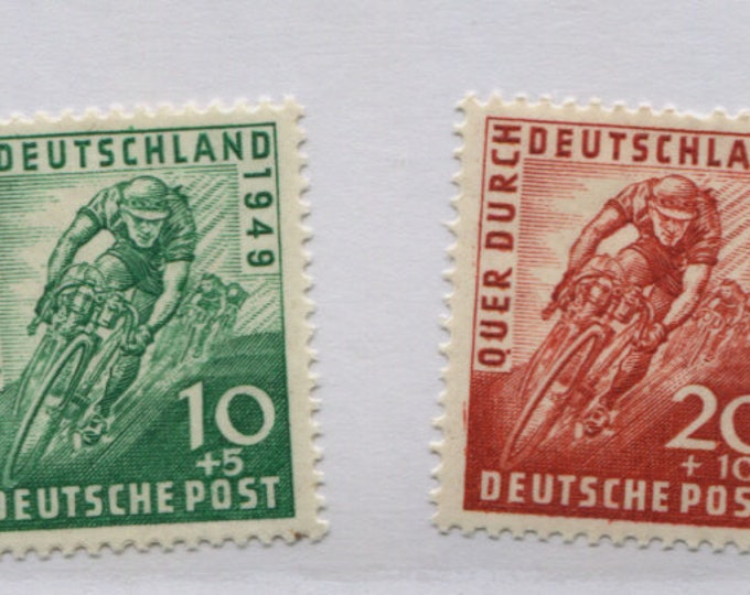 Bicycle Racer Set of Two Postage Stamps From American-British Occupation Zone Germany Issued 1949