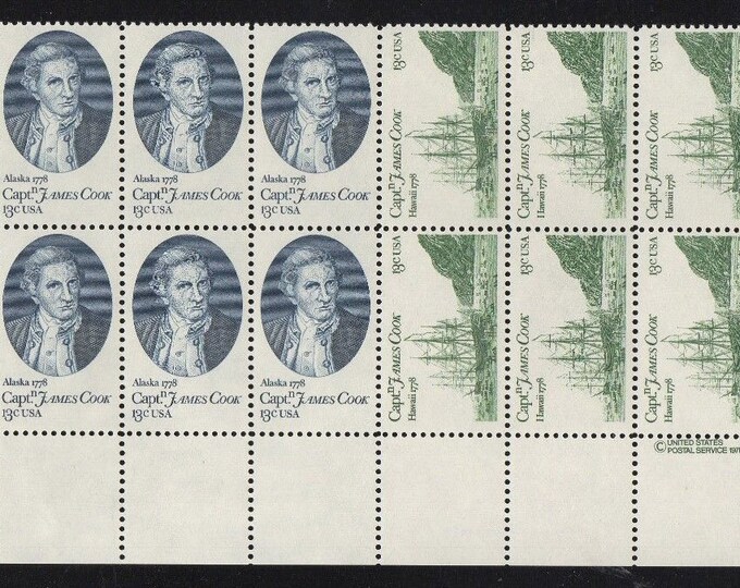 Captain Cook Plate Block of Twenty 13-Cent United States Postage Stamps Issued 1978