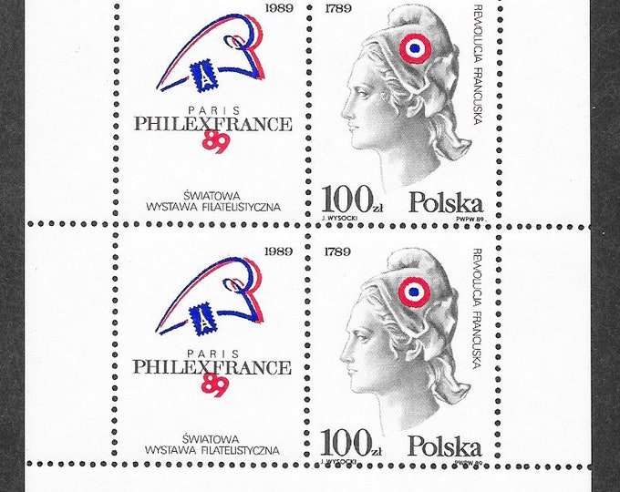 1989 PhilexFrance Poland Souvenir Sheet of 2 Postage Stamps Mint Never Hinged