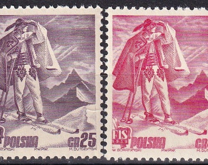 1939 Skier In Folk Costume Set of Four Poland Postage Stamps Mint Never Hinged