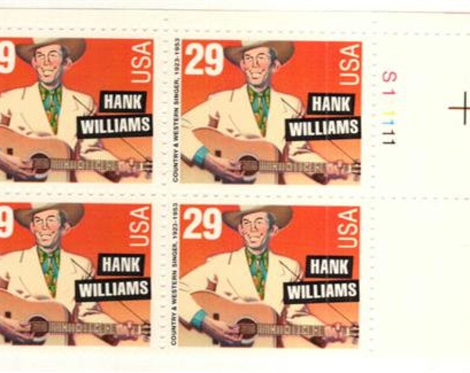 1993 Legend of American Music Hank Williams Plate Block of Four 29-Cent US Postage Stamps Mint Never Hinged