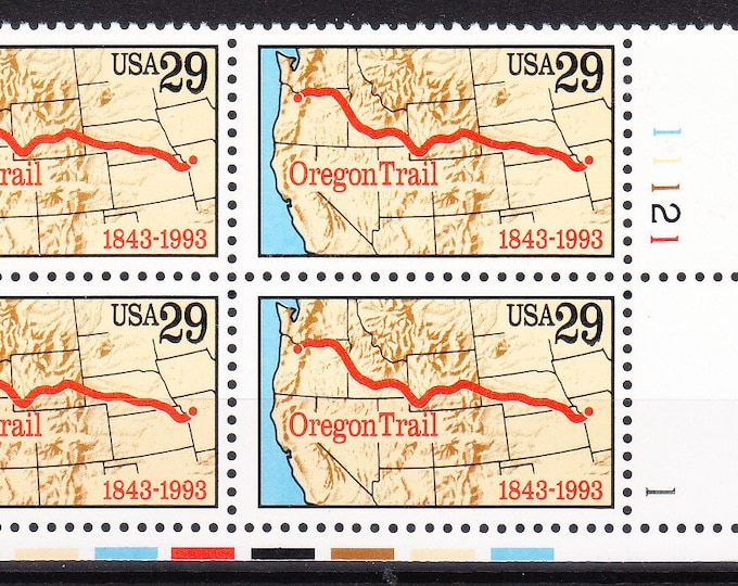 Oregon Trail Plate Block of Four 29-Cent United States Postage Stamps Issued 1993