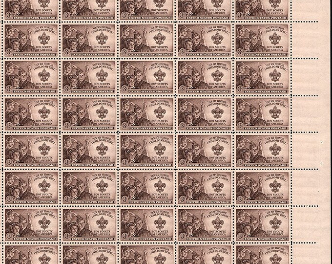 1950 Boy Scouts of America Sheet of Fifty 3-Cent United States Postage Stamps