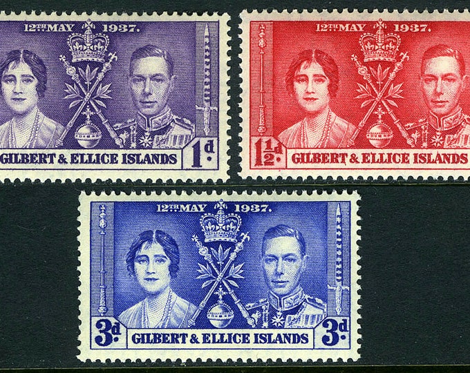 Coronation of King George VI Set of Three Gilbert and Ellice Postage Stamps Issued 1937