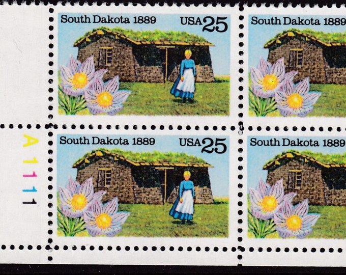 1989 South Dakota Statehood Plate Block of Four 25-Cent United States Postage Stamps