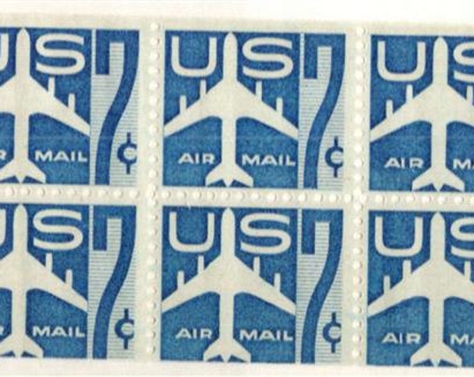 1958 Blue Jet Airliner Booklet Pane of Six 7-Cent US Air Mail Postage Stamps