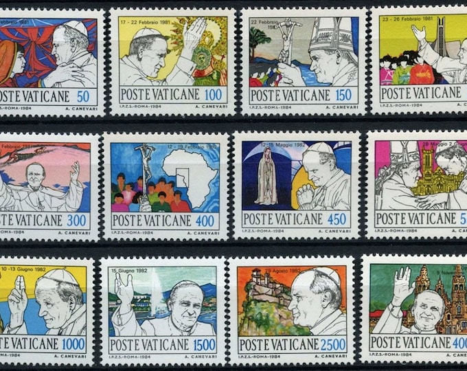 Pope John Paul II Set of Twelve Vatican City Postage Stamps Issued 1984