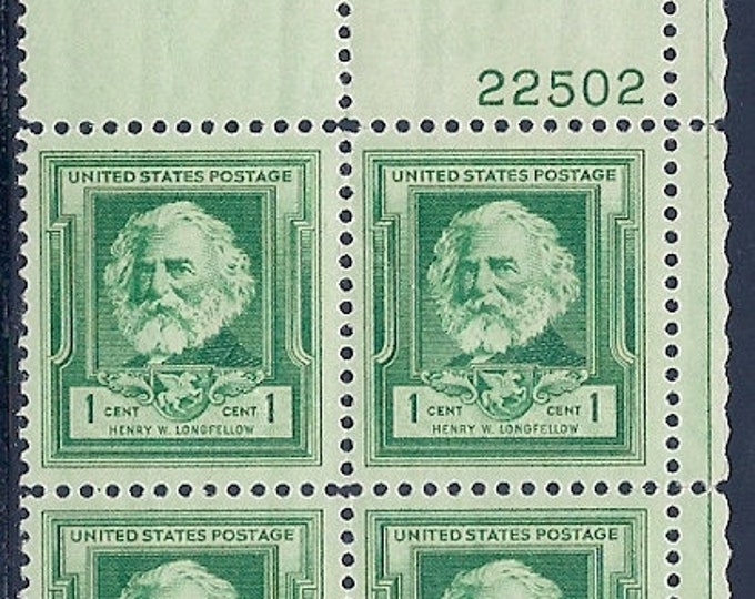 Henry Wadsworth Longfellow Plate Block of Four 1-Cent United States Postage Stamps Issued 1940