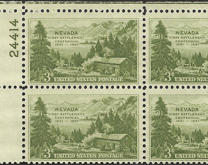 1951 3c Nevada Centennial Plate Block of 4 US Postage Stamps Mint Never Hinged