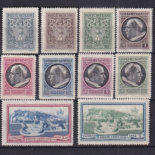 Pope Pius XII Set of Ten Vatican City Postage Stamps Issued 1945