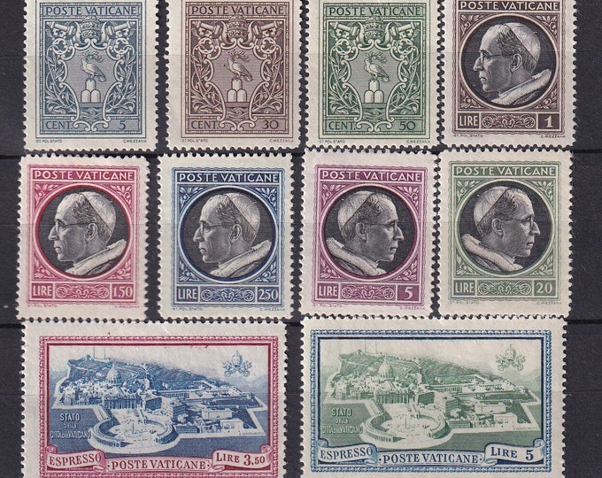 Pope Pius XII Set of Ten Vatican City Postage Stamps Issued 1945